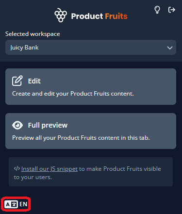 The Product Fruits Chrome Extension highlighting the Selected Language menu