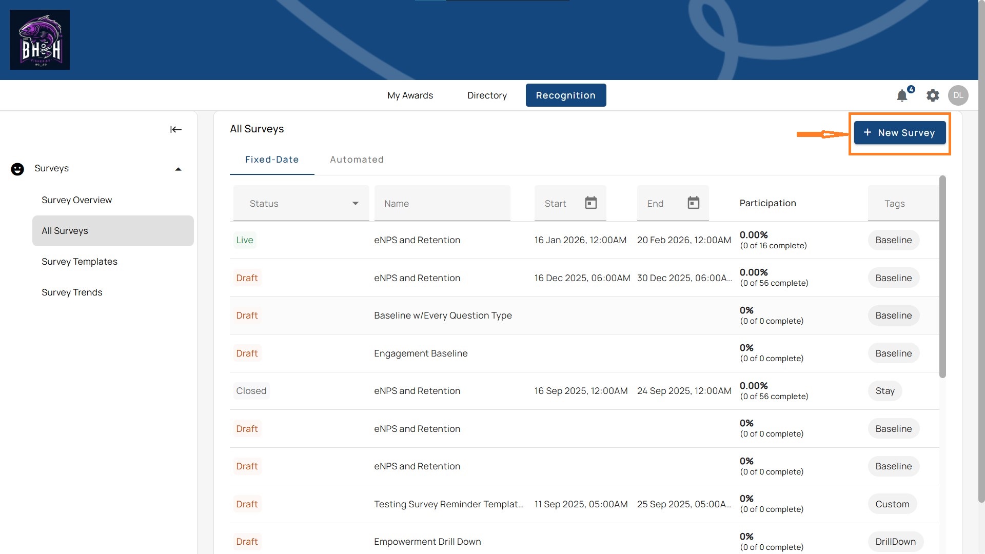 Central content table showing surveys and basic analytics.