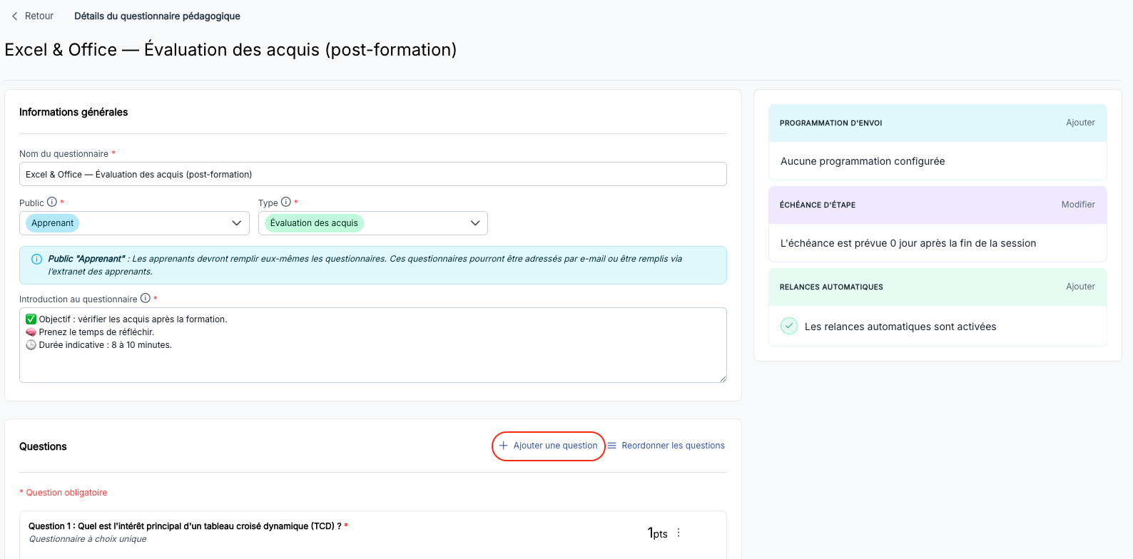 Bouton Ajouter une question dans la fiche questionnaire
