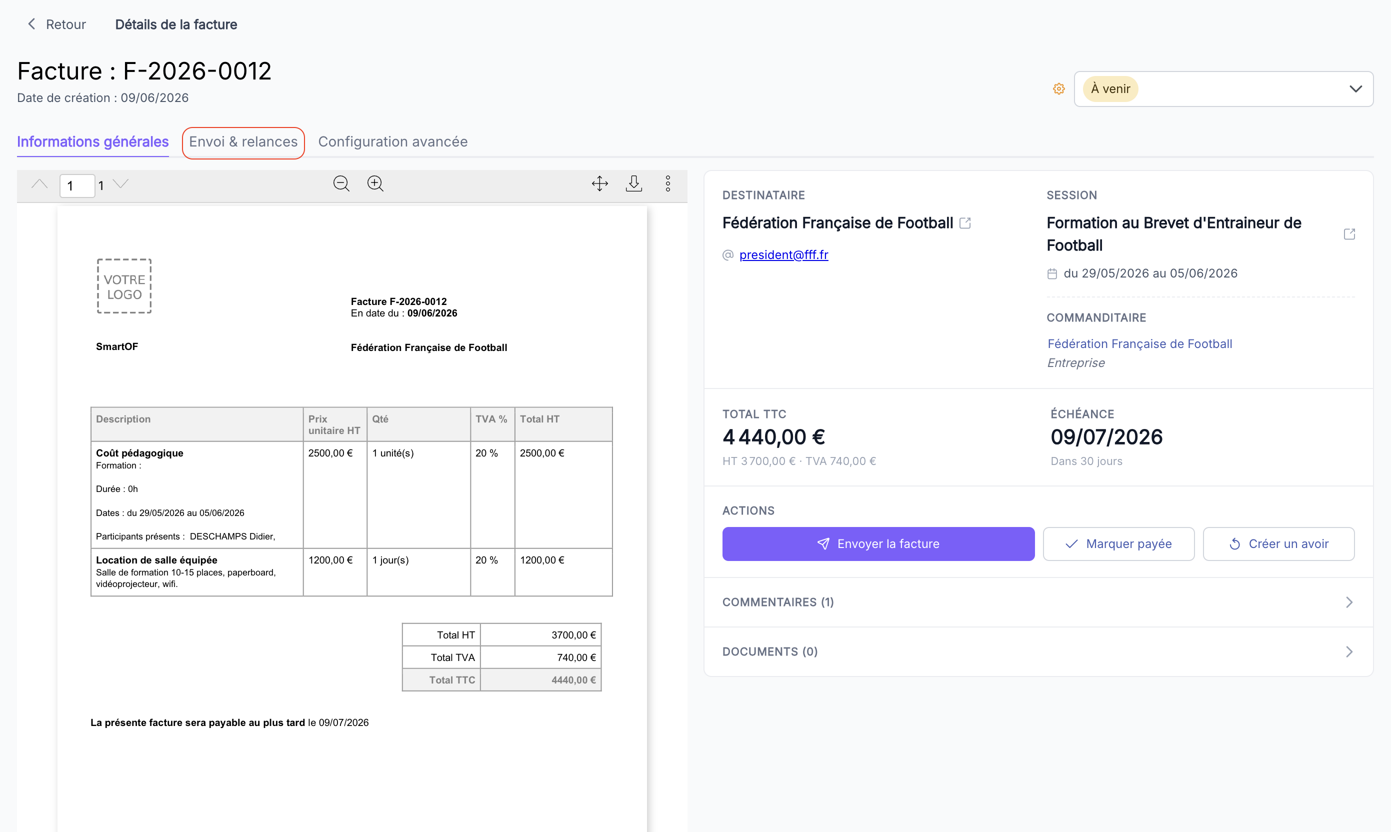 Onglets Informations générales, Envoi & relances, Configuration avancée sur la fiche facture