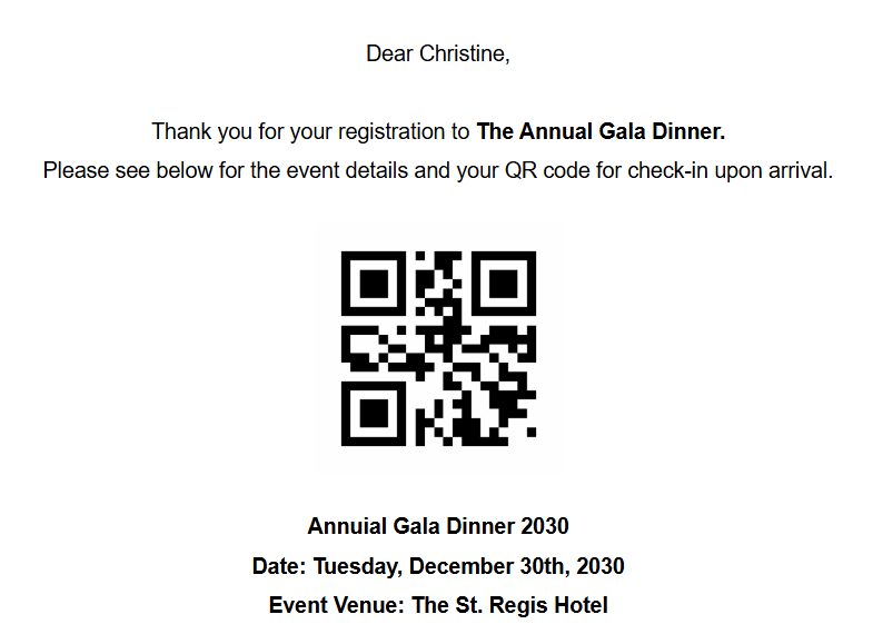 Screenshot of an invitation email showing a unique QR code placed below the event details. The QR code is ready for guests to scan at check-in.