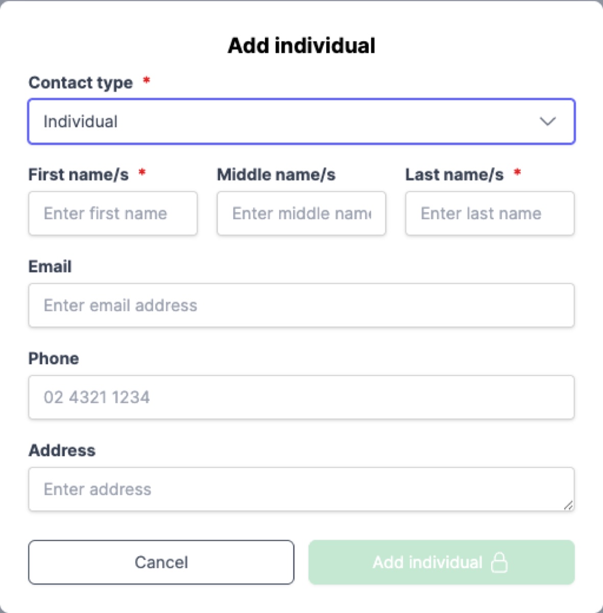 The create contact form for an individual - showing the contact type selector set to Individual, with first name, middle name, last name, email, and phone fields