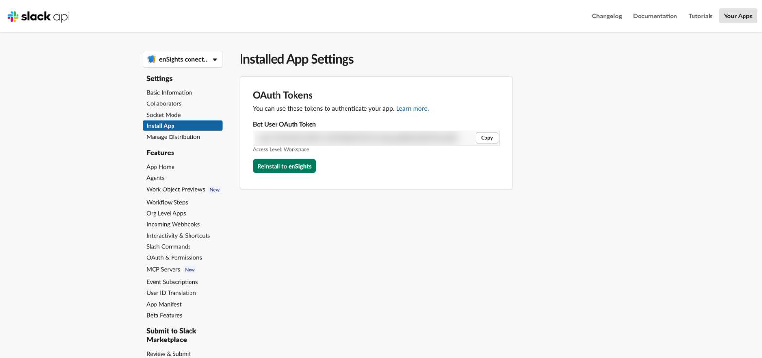 Install App page in Slack showing the Bot User OAuth Token with a Copy button