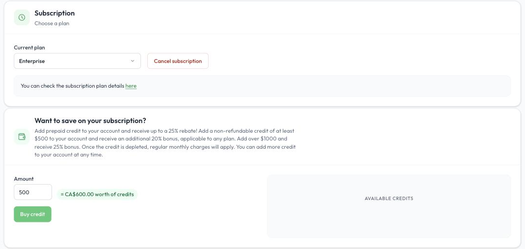 The Subscription and prepaid credit sections