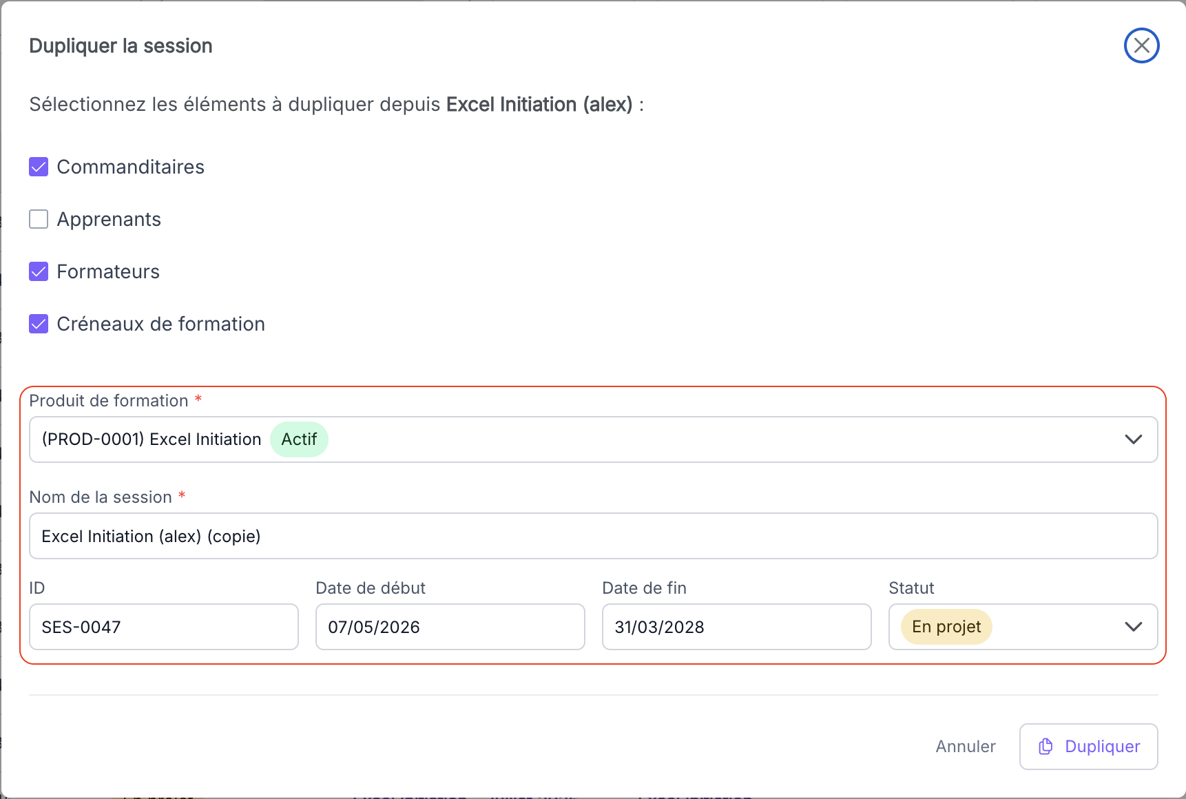 Champs Produit de formation, Nom de la session, ID, dates et statut renseignés