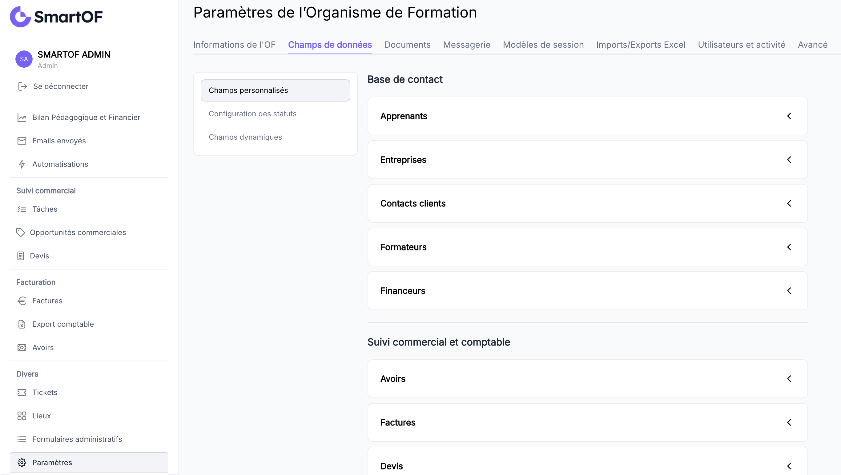 Écran Paramètres avec l'entrée Champs de données