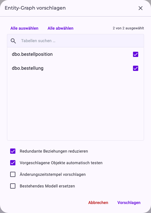 Der Dialog für Vorschläge mit den zwei ausgewählten Tabellen; die Optionen Redundante Beziehungen reduzieren und Vorgeschlagene Objekte automatisch testen sind angehakt, Änderungszeitstempel vorschlagen und Bestehendes Modell ersetzen nicht