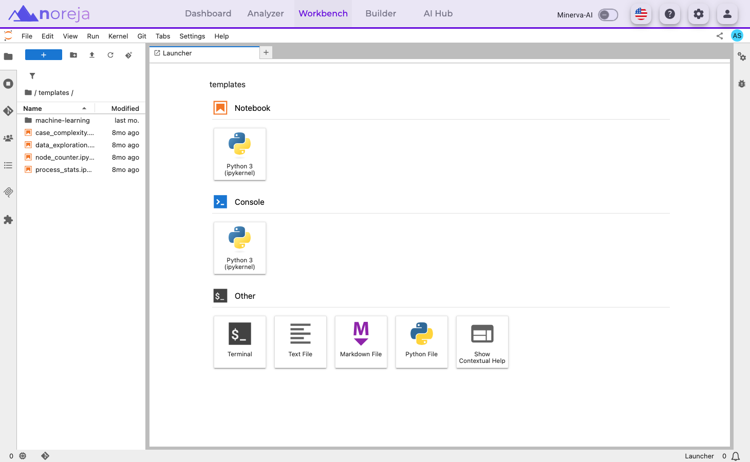JupyterLab inside Noreja below the top bar: the file browser on the left in the folder templates with machine-learning, case_complexity, data_exploration, node_counter and process_stats, and the Launcher with Notebook, Console and Other