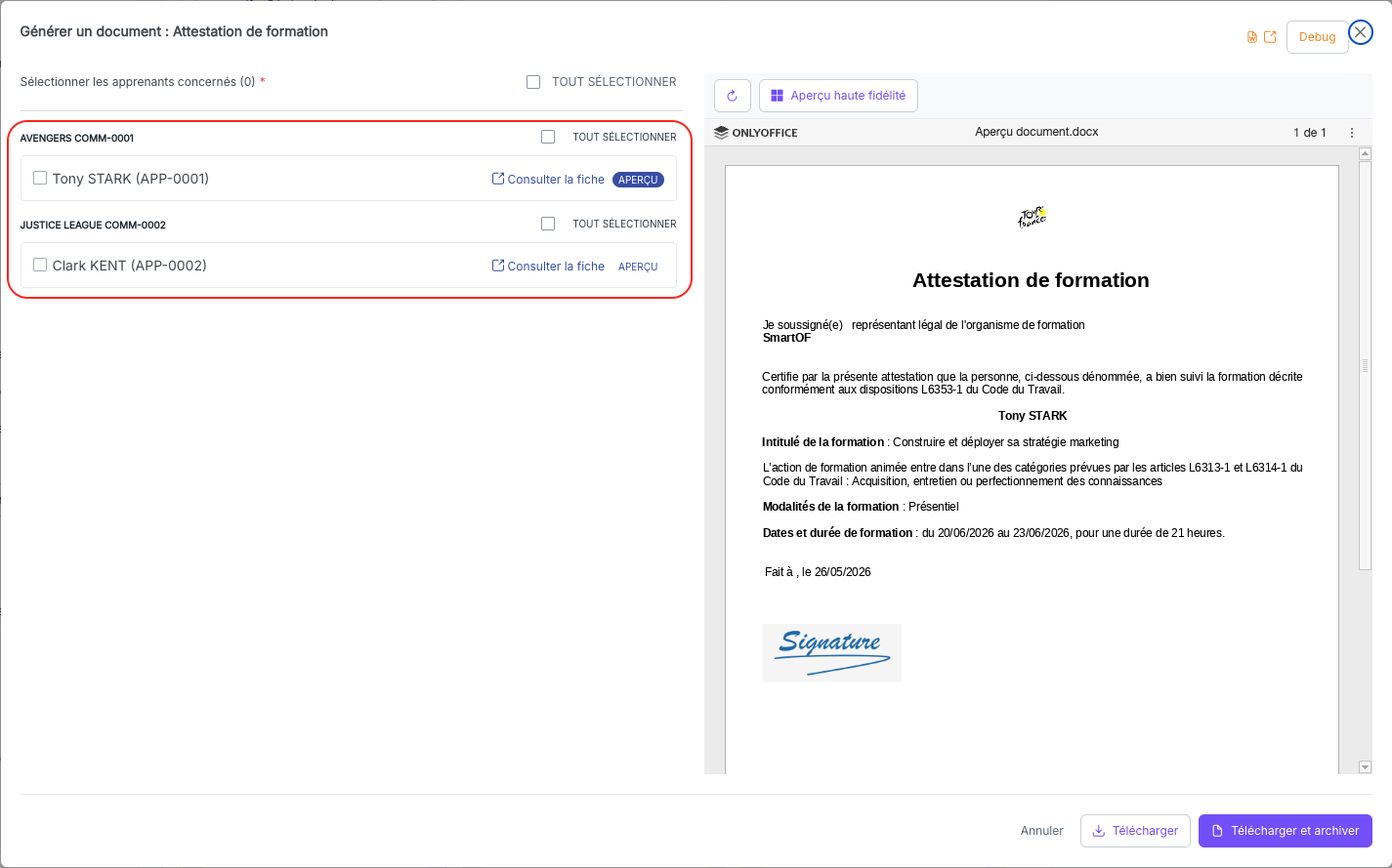 Sélection des destinataires du document