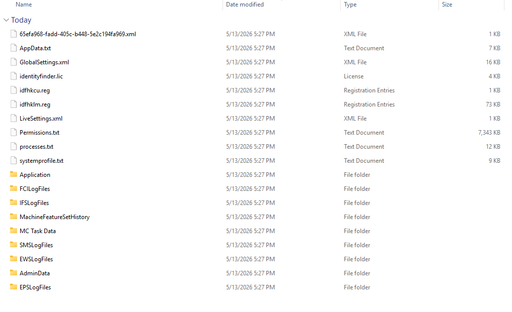 Sample data, files, folders, and logs contained in a Gather Data ZIP file