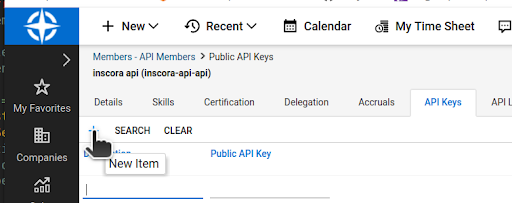 ConnectWise API Keys tab on the member with the New Item button.