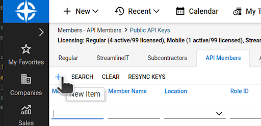 ConnectWise Members page on the API Members tab with the New Item button.