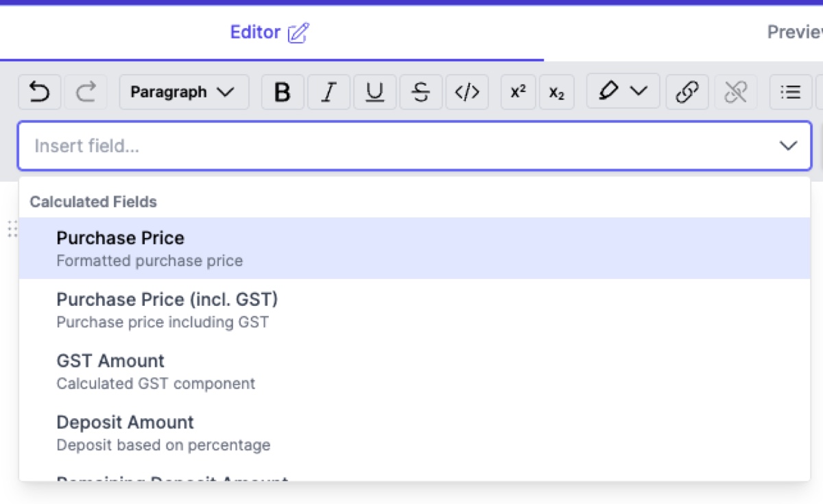Merge tag picker showing available fields organised by category