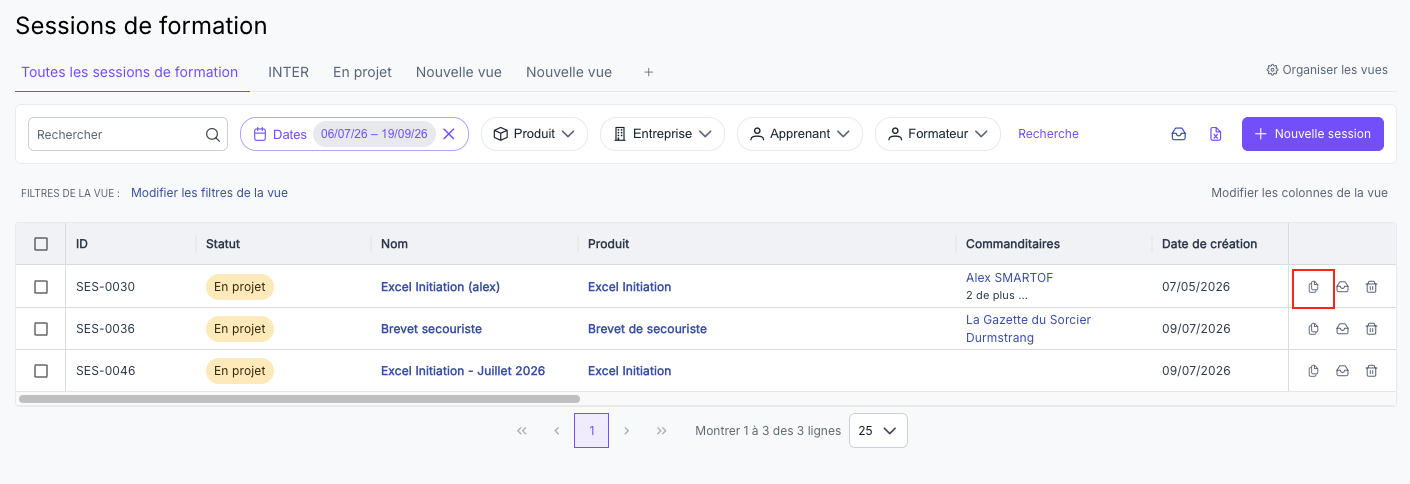 Icône de duplication sur une ligne de la liste des sessions