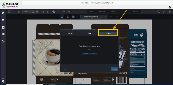 Upload an image as a signature for the packaging artwork