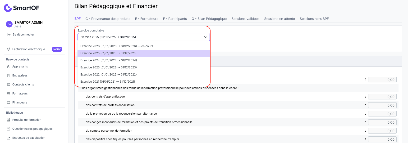 Sélecteur d'exercice comptable en haut de la page BPF