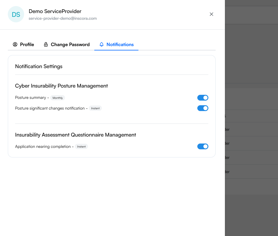 Notifications tab showing two sections: Cyber Insurability Posture Management (Posture summary - Monthly, Posture significant changes - Instant) and Insurability Assessment Questionnaire Management (Application nearing completion - Instant), each with toggles.