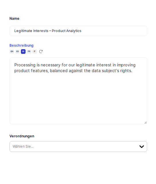 Formular zum Erstellen eines neuen Rechtsgrundbegriffs mit den Feldern Name, Beschreibung, Vorschriften und Status