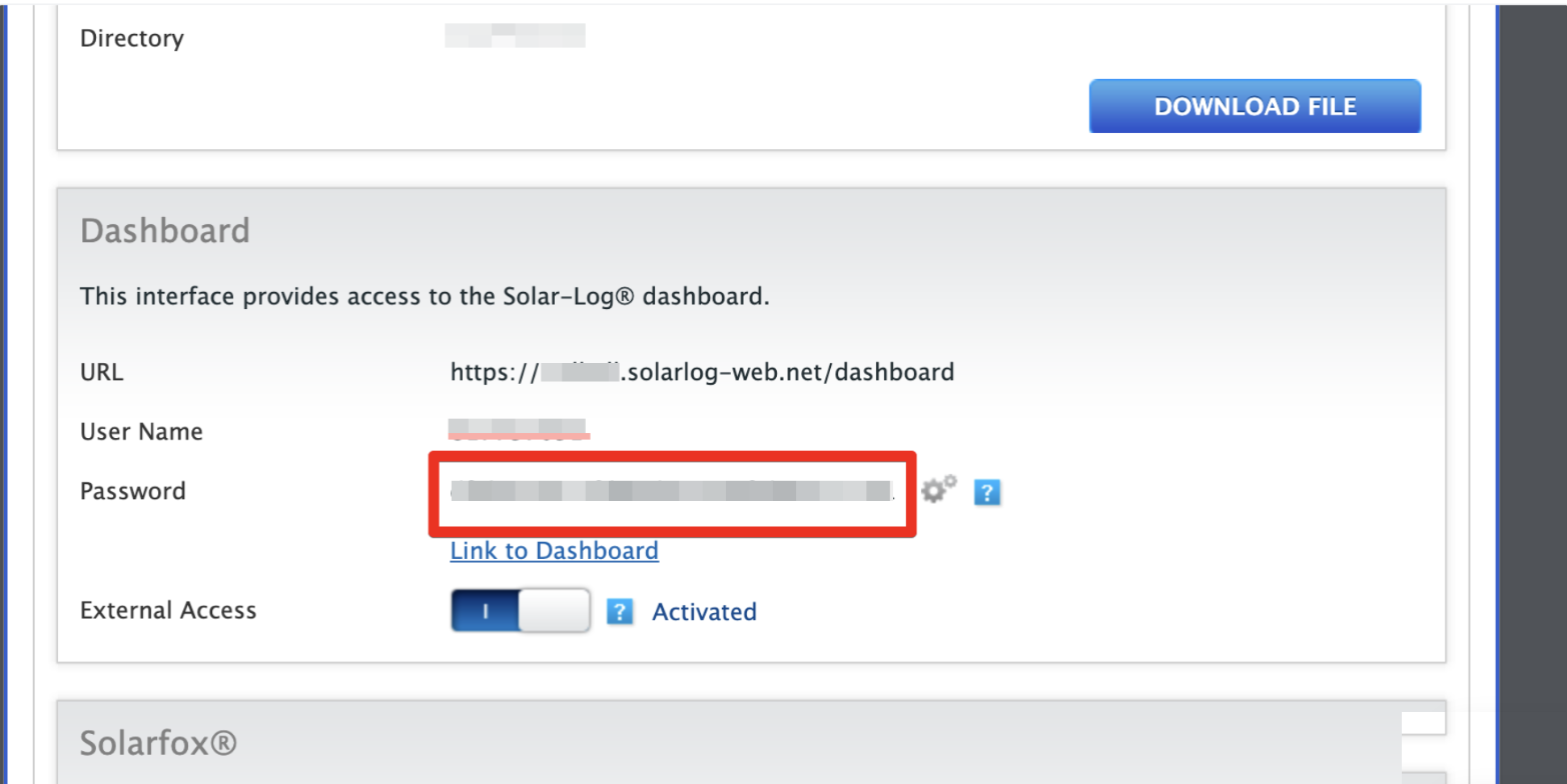 Solar-Log Access Data: the Dashboard password used as the API token
