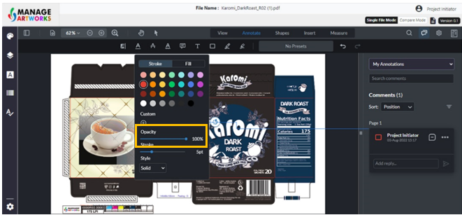 Change the opacity of a annotation on your packaging artwork