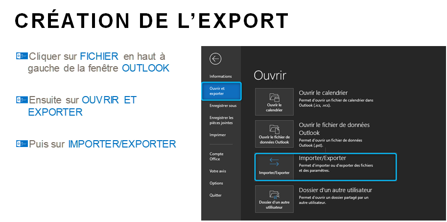 CRÉATION DE L'EXPORT 
ZCIiquer sur FICHIER en haut à 
gauche de la fenêtre OUTLOOK 
ZEnsuite sur OUVRIR ET 
EXPORTER 
ZPuis sur IMPORTERIEXPORTER 
Ouvrir 
le fichier de donrées 
Dossier d'un autre utiEsateur 