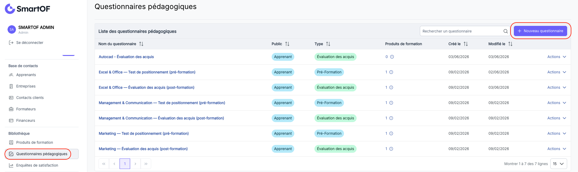 Bouton Nouveau questionnaire dans le menu Questionnaires pédagogiques