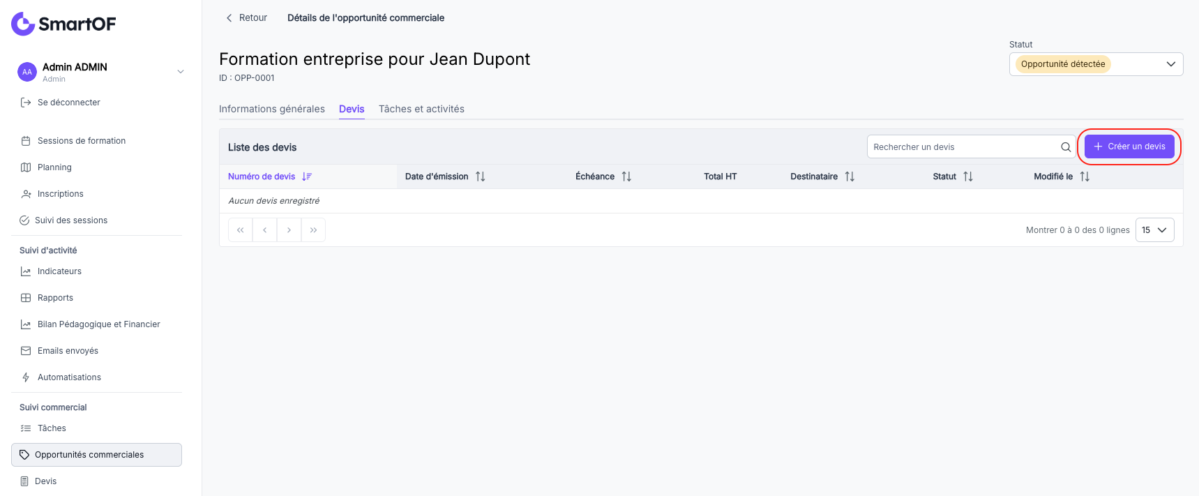 Section Devis sur la fiche d'une opportunité avec bouton de création