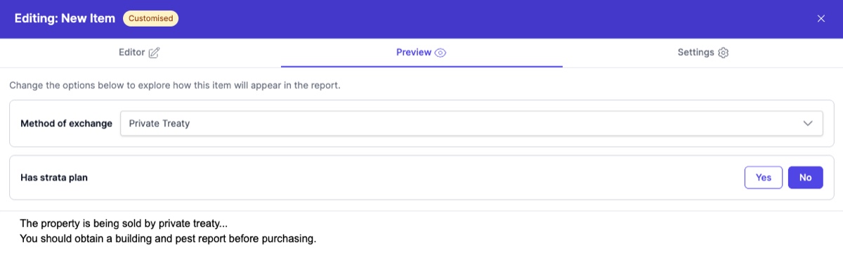 Preview showing Private Treaty selected with Has Strata Plan set to No