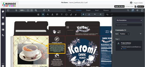 Underlined text on a packaging artwork using annotation tools