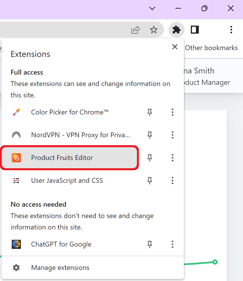 A Chrome Extensions dropdown menu highlighting the Product Fruits Editor Chrome Extension