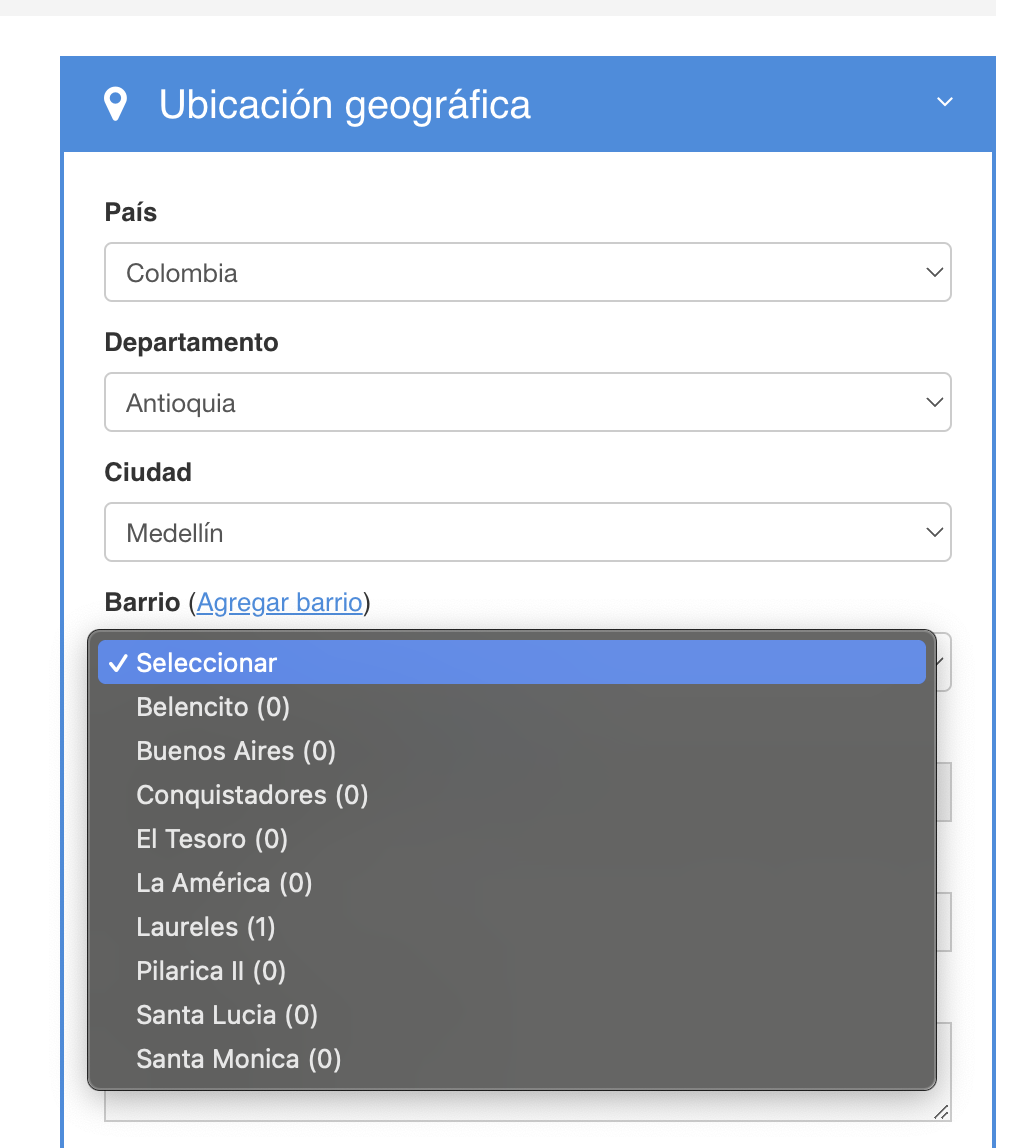 Seleccionar o agregar zona