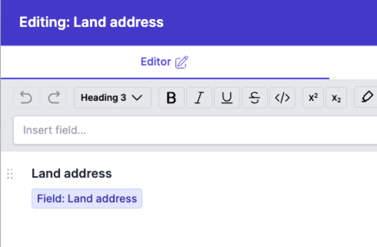 Merge tag chip shown as a purple highlighted badge within the editor content