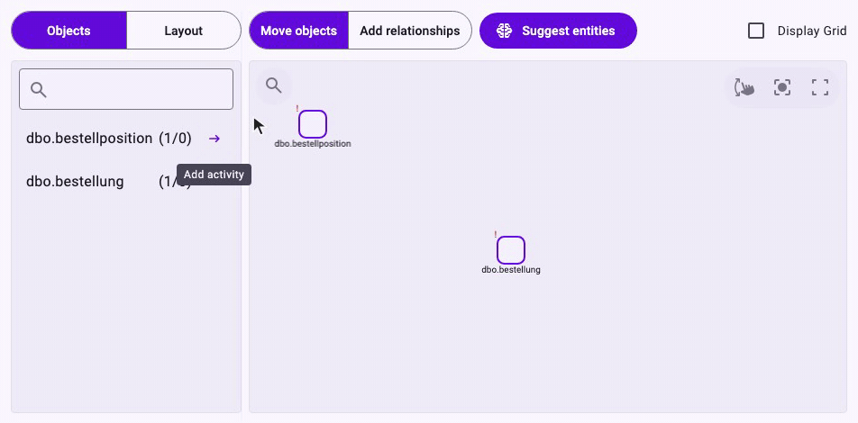 Animation: a click on Add relationships, a drag from dbo.bestellung to dbo.bestellposition that creates a dashed data connection, a click on Move objects, and a drag that moves dbo.bestellposition next to dbo.bestellung