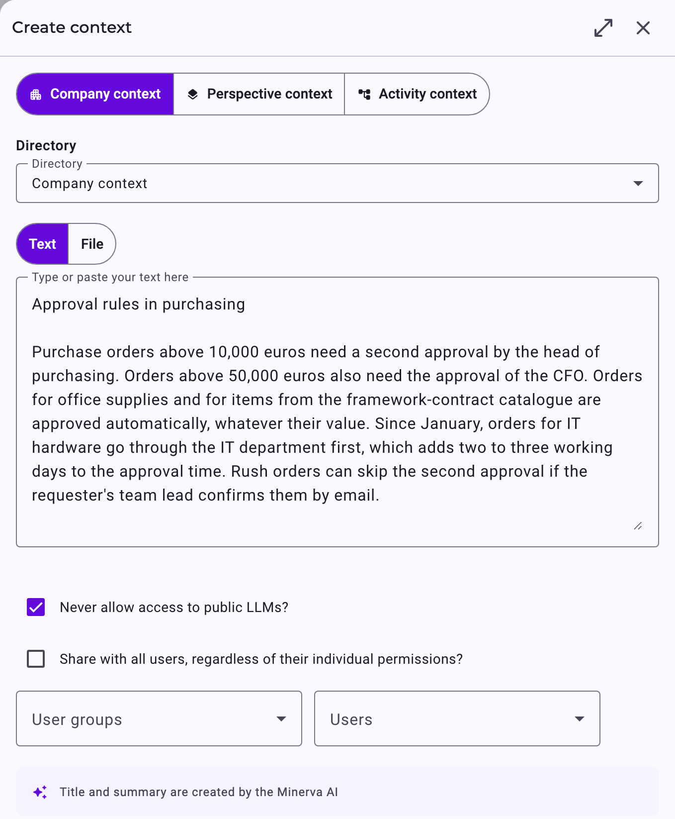 The Create context panel for company context with a text field