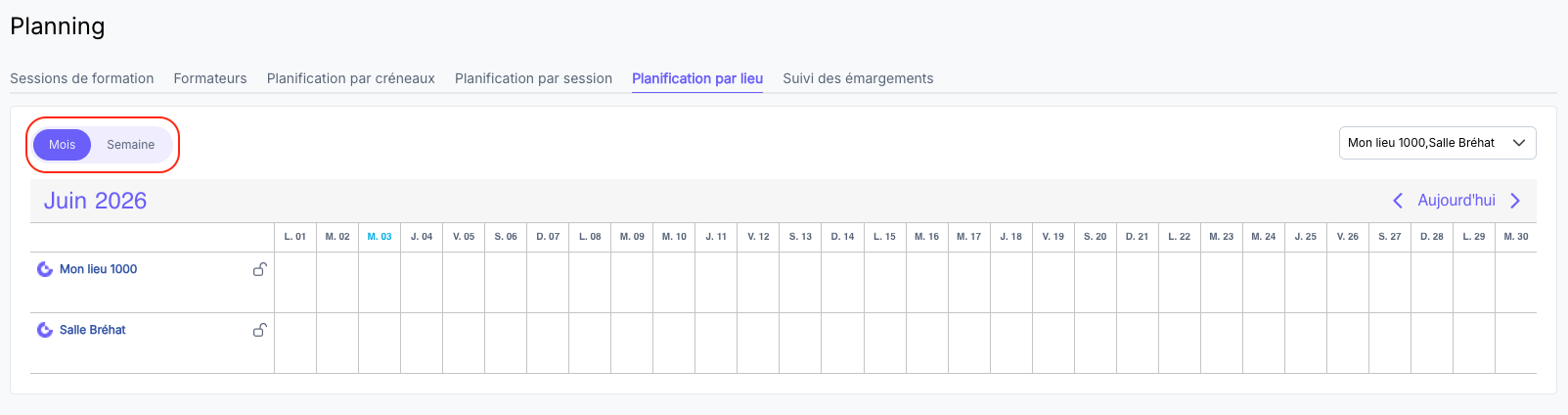 Sélecteur de vue semaine / mois sur le planning des lieux