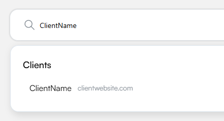 Global search bar showing results for 'ClientName' with matching client and domain displayed in a dropdown