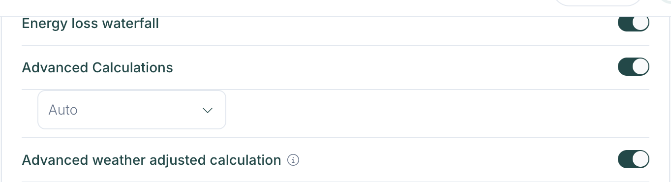 Edit, Advanced tab with the Advanced weather adjusted calculation toggle