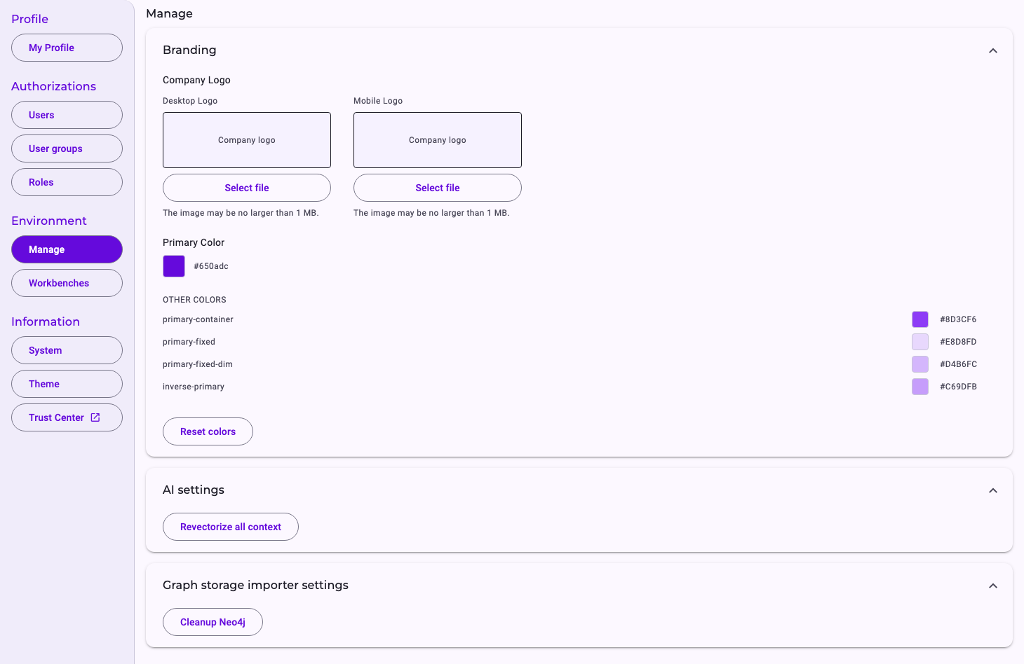 The page Manage: Branding with Company Logo (Desktop Logo, Mobile Logo, Select file, The image may be no larger than 1 MB.), Primary Color, Other Colors and Reset colors; AI settings with Revectorize all context; Graph storage importer settings with Cleanup Neo4j
