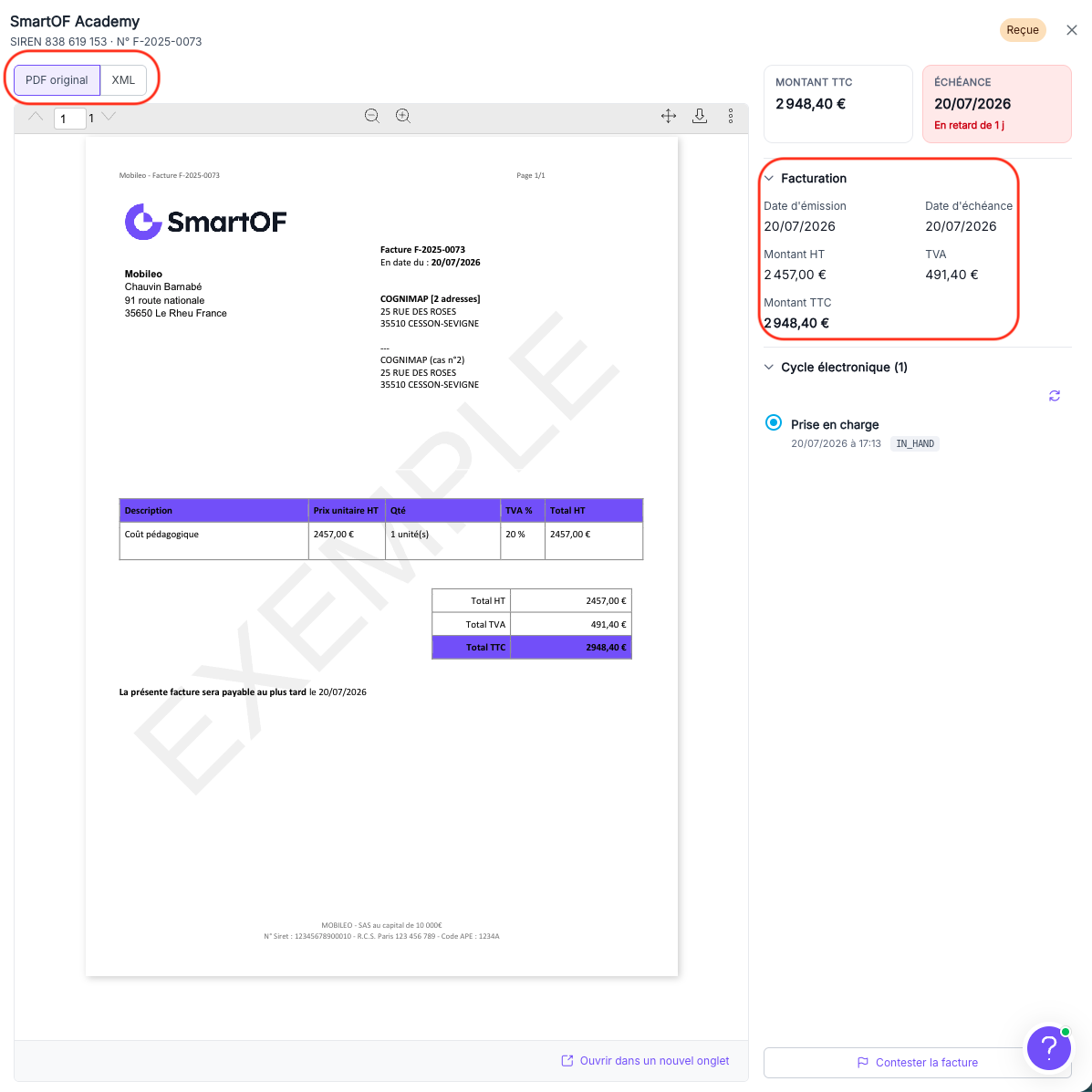 Détail d'une facture reçue avec le PDF et le panneau Facturation