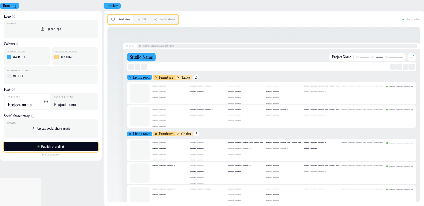 Client view preview with Publish control
