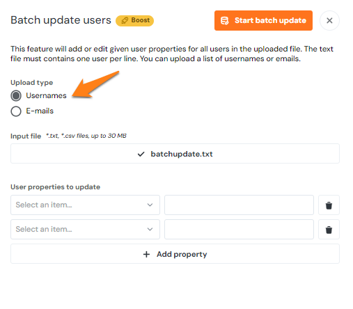 The Batch update users screen highlighting the choice between usernames and emails