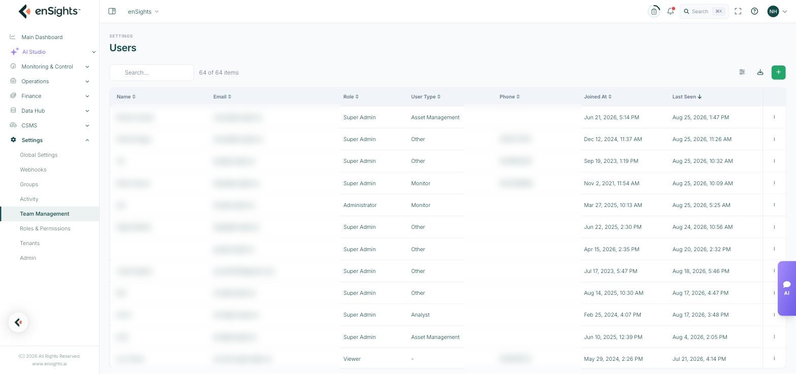 The Users list in Team Management, showing role, user type, joined date and last seen for each account, with a search box, export button and add button above (names, emails and phone numbers blurred).