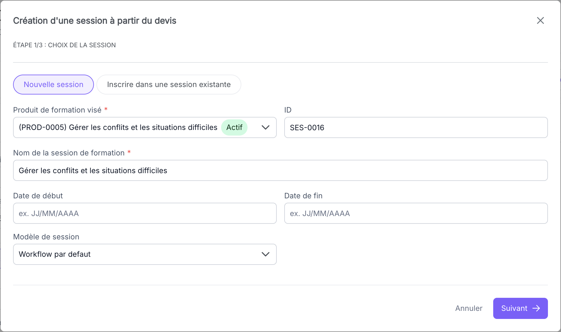Étape 1 de la modale, informations de la session
