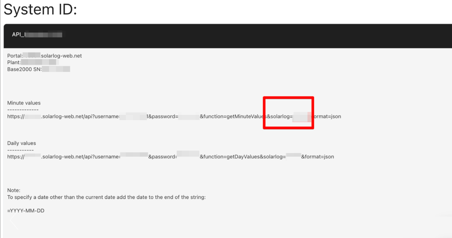 Solar-Log API access data email showing the system ID