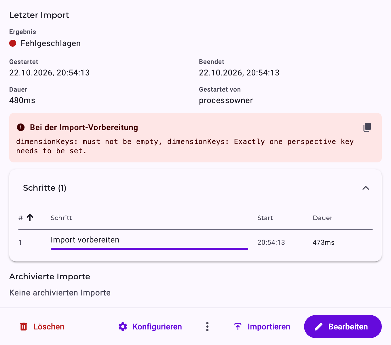 Die Details eines fehlgeschlagenen Perspektivenimports: Ergebnis Fehlgeschlagen, Dauer 1sec 871ms, der Fehler beim Vorbereiten des Imports mit der Meldung, dass genau ein Perspektivenschlüssel gesetzt sein muss, und der Schritt zur Vorbereitung des Imports