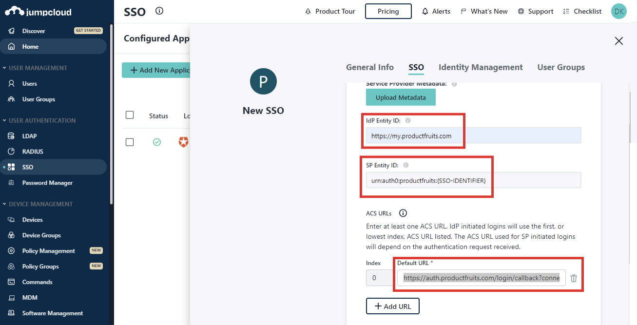 The JumpCloud platform SSO screen highlighting IdP Entity SP Entity ID and Default URL