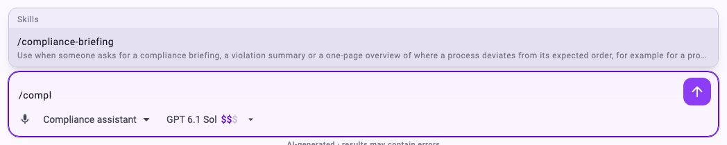 The skill list after typing /compl in the chat, showing /compliance-briefing with its short description