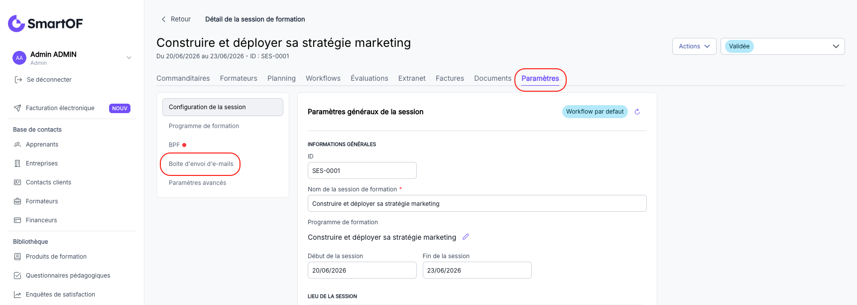 Onglet Emails de la fiche session avec la liste des emails