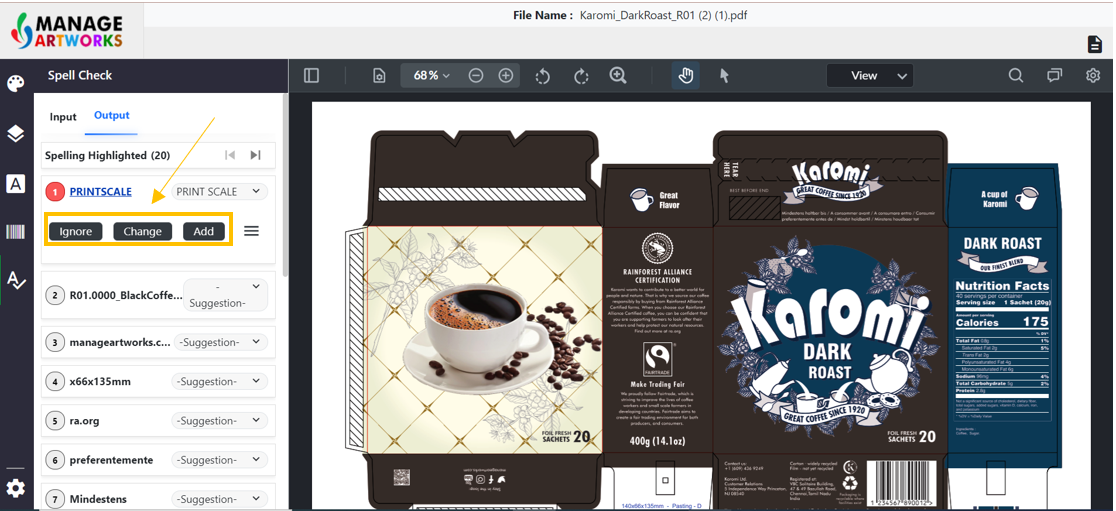 Automatic spellcheck for packaging artworks