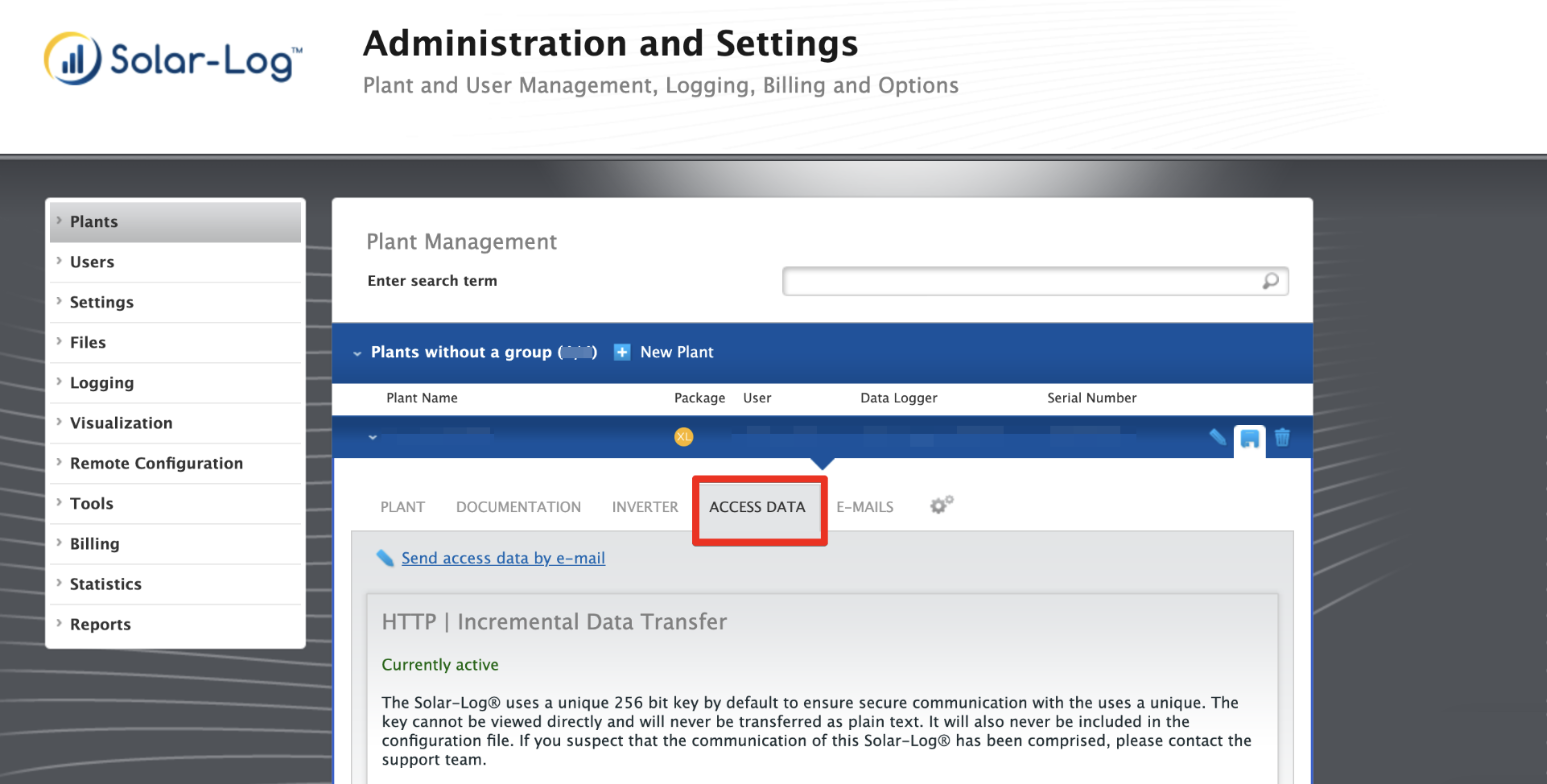 Solar-Log plant tabs with Access Data selected